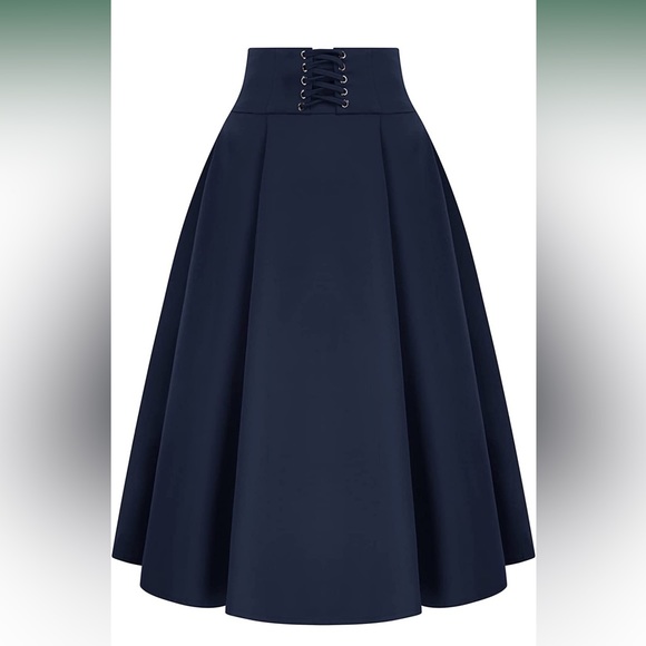 Belle Poque Dresses & Skirts - Belle Poque Lace Up A Line Midi Pleated Skirt with Pockets in Navy